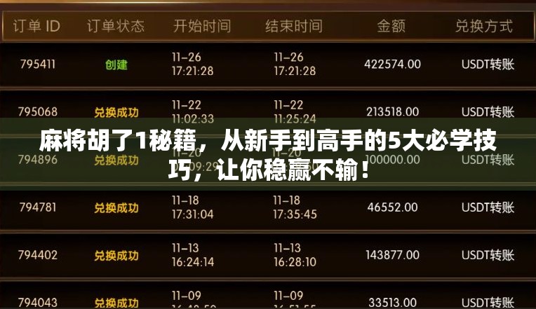 麻将胡了1秘籍，从新手到高手的5大必学技巧，让你稳赢不输！